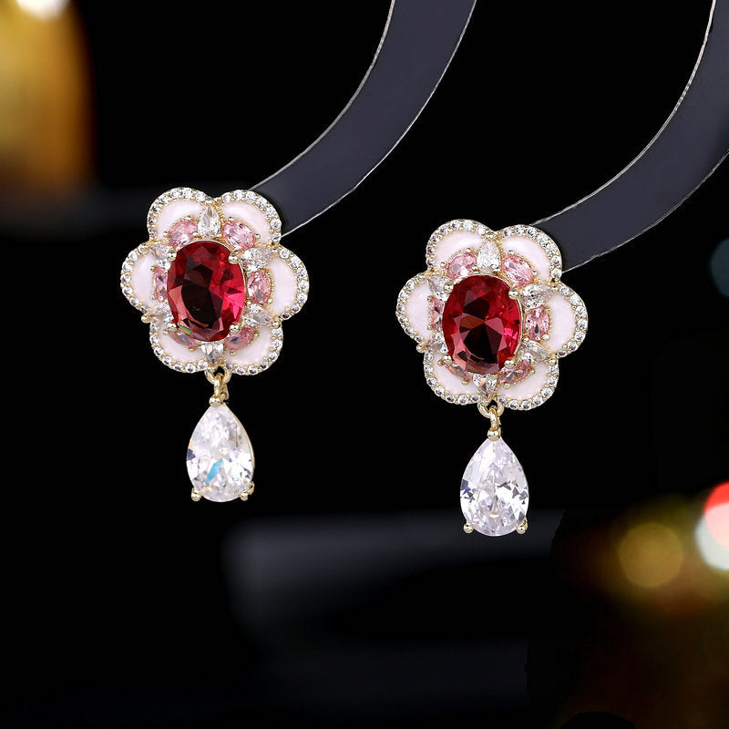2025 Yiwu accessories temperament niche high-end earrings wholesale zircon inlay oil drop flower water drop earrings women