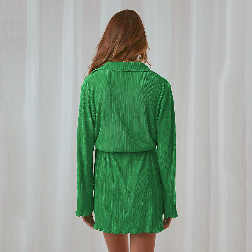 2025 Spring and Autumn new fashionable green toothpick pleated pleated design shirt skirt Popular trade women's clothing dresses