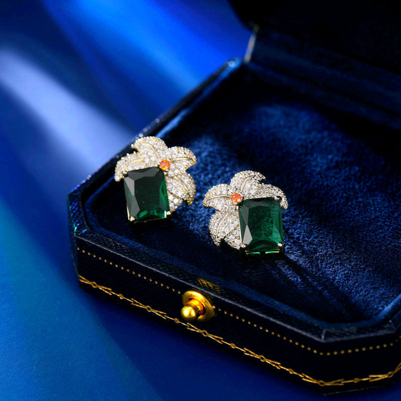 2025 Light luxury high-end earrings women's s925 silver needle temperament elegant fashion micro-inlaid zircon niche leaf square stud earrings