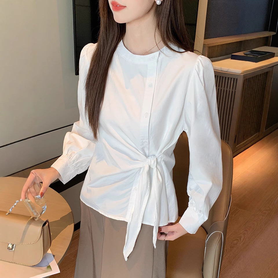 2025 White shirt women's spring clothes new Korean version fashion pleated lace-up cotton long-sleeved casual top Popular trade waist