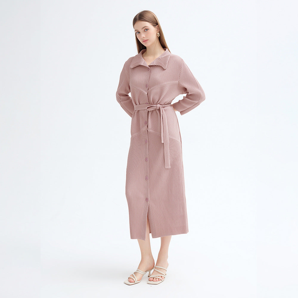 2025 spring new single-breasted long-sleeved lace-up dress medium and long Korean version simple loose pleated A-shaped skirt