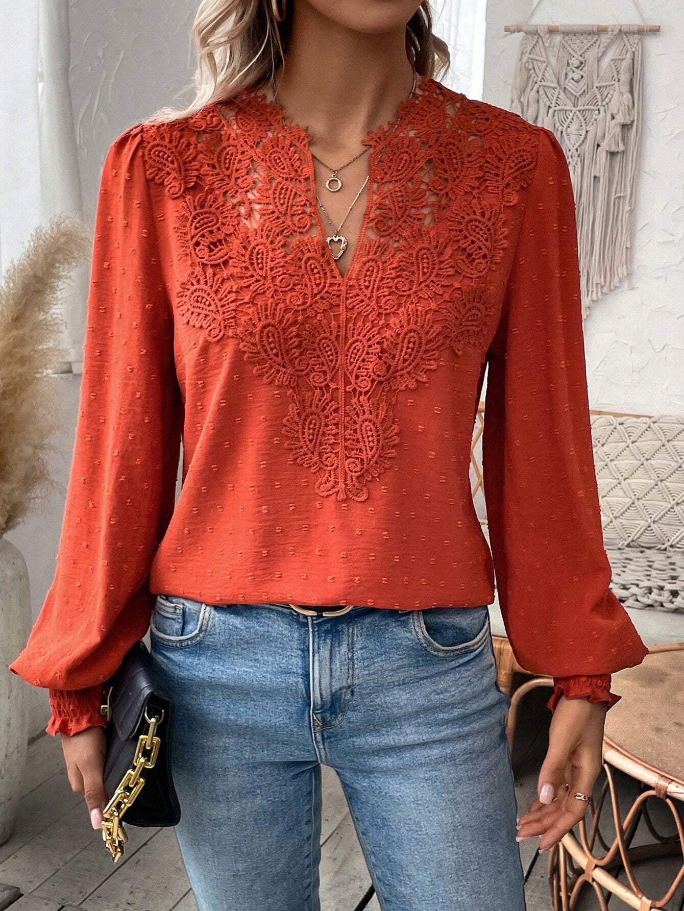 2025 Popular, , New autumn and winter new fashion V-neck lace solid color long-sleeved casual T women's top