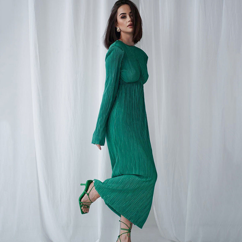 2025 spring long dress round neck hollow sexy temperament dress backless slim long sleeve pleated dress women