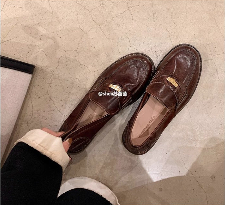2025 Cowhide version~ Xingshengda shoes make old horse leather retro polished small gold coins thick heel loafers women's small leather shoes