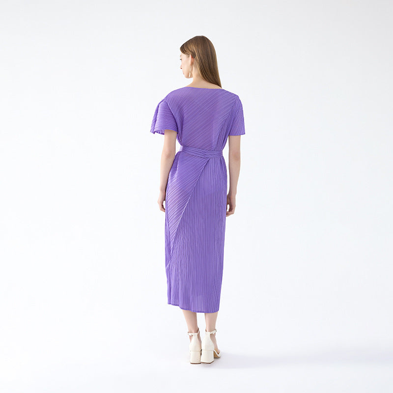 2025 spring new Miyake horn sleeve folding lace-up dress for women, thin solid color temperament personality medium and long dress for women