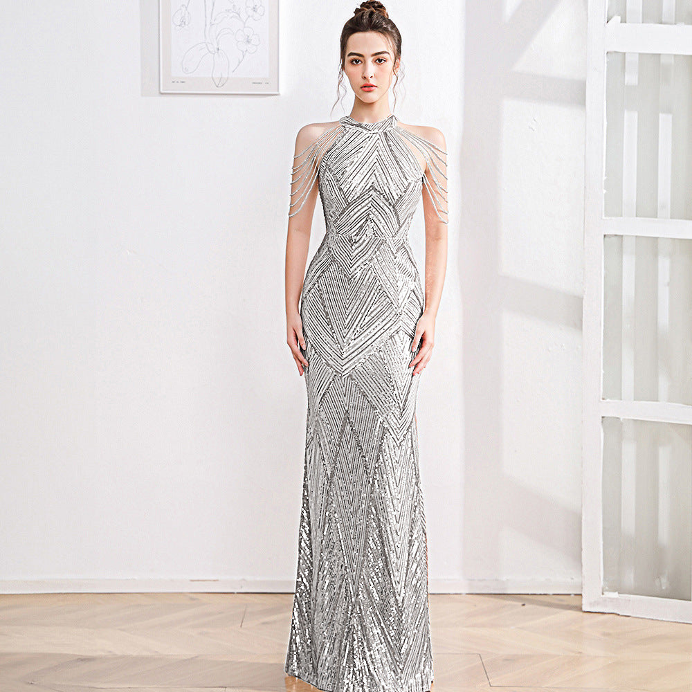 2025 High-end evening dress dress female fishtail champagne high-end texture celebrity fairy banquet temperament light luxury niche host