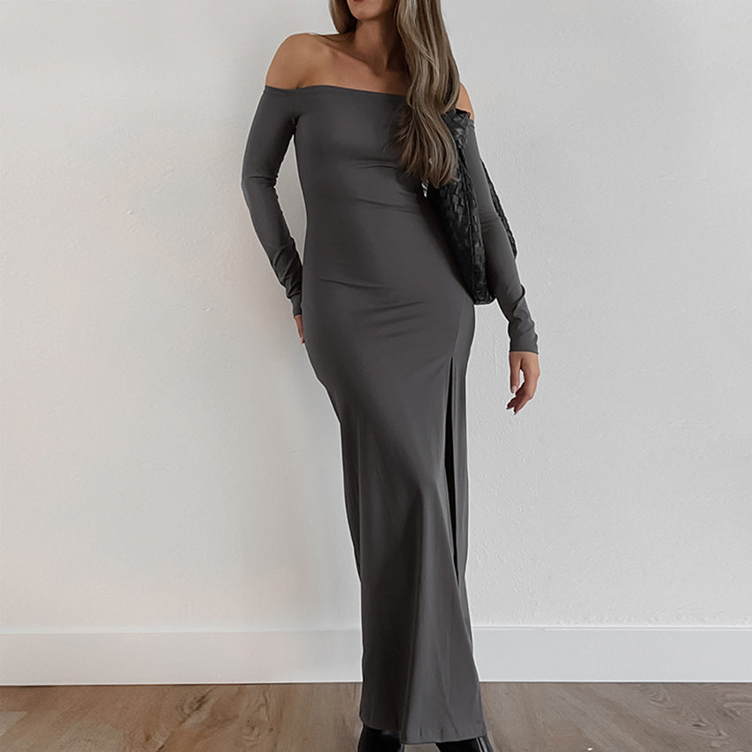 2025 Gray pure cotton sexy one-word neck split dress new autumn fashion Popular trade women's dress