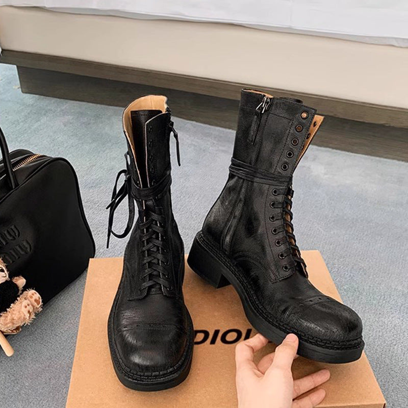 2025 Cowhide version~ Grape mother same autumn and winter British style engraved round head side zipper strap versatile knight Martin boots
