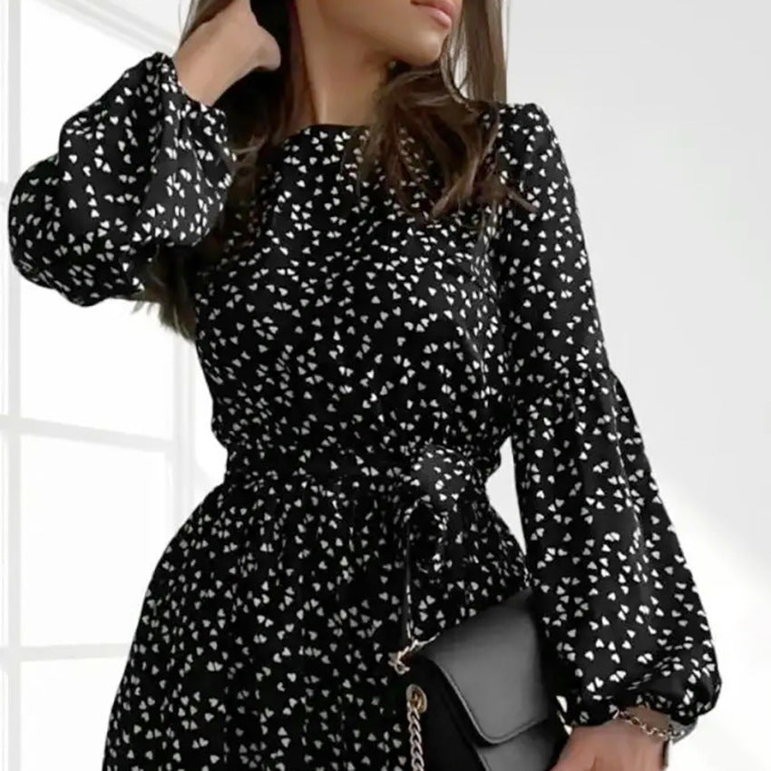 2025 popular spring fashion wildberries sexy temperament round neck lantern sleeve print dress New women