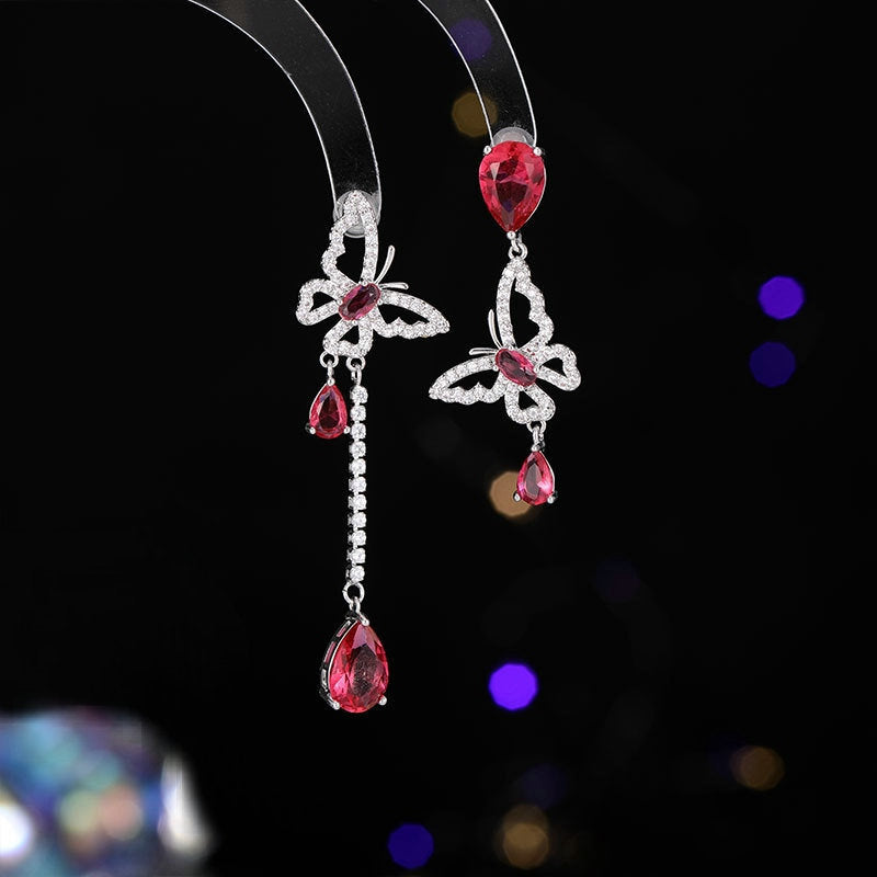 2025 New fashion asymmetrical butterfly water drop stud earrings s925 silver needle design zircon light luxury temperament high-end earrings