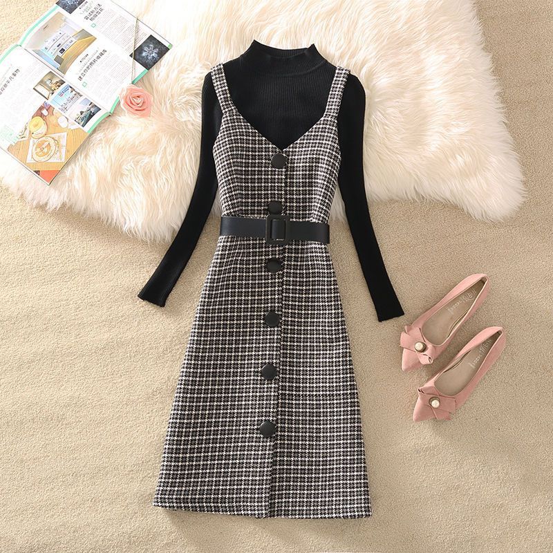 jinran fall trends 2024 outfits Sweater Dress Suit Women's 2024 Autumn and Winter New Retro Woolen Plaid Strap Dress Two-Piece Suit Fashion Women