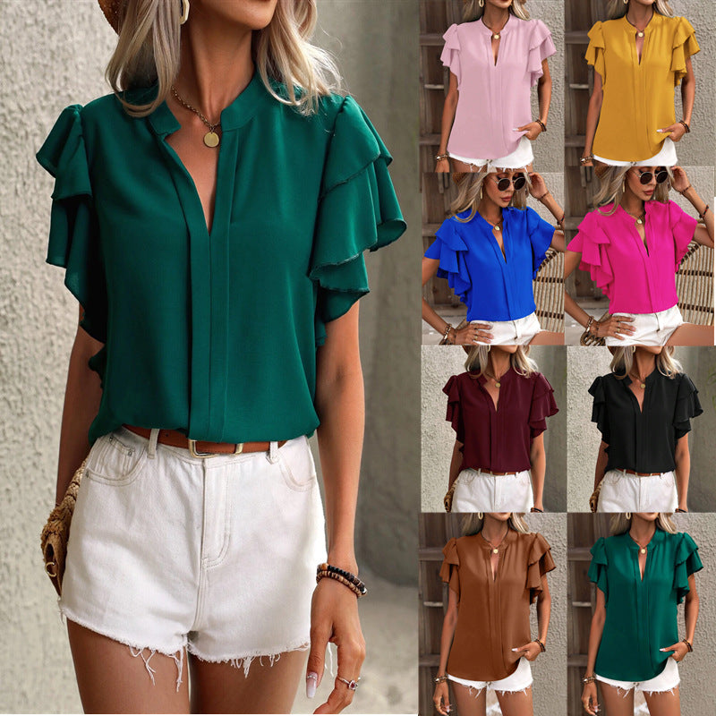 2025 Popular, , New women's clothing summer new V-neck casual double-layer lotus leaf sleeves solid color shirt and top