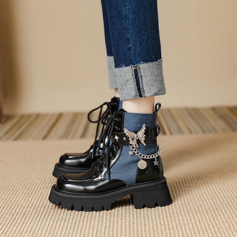 jinran shoes 2024 Autumn New Liquid Butterfly Martin Boots Thick Bottom Casual Lightweight Denim Knight Boots Women's Short Boots Women's Chunky Heel