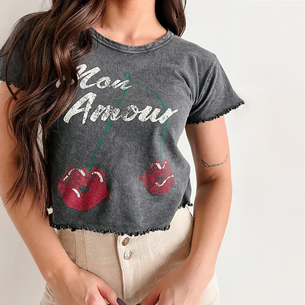 2025 Tide brand New retro old lock edge short T-shirt women's short sleeve summer new design sense printed T-shirt high sense