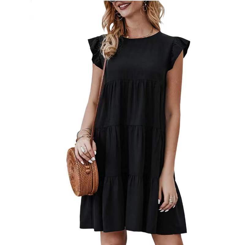2025 Popular, , summer new solid color round neck short-sleeved dress casual cake skirt pleated pendulum skirt