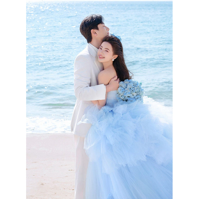 2025 new studio seaside blue Internet celebrity wedding dress princess dream thin super fairy dress studio theme clothing