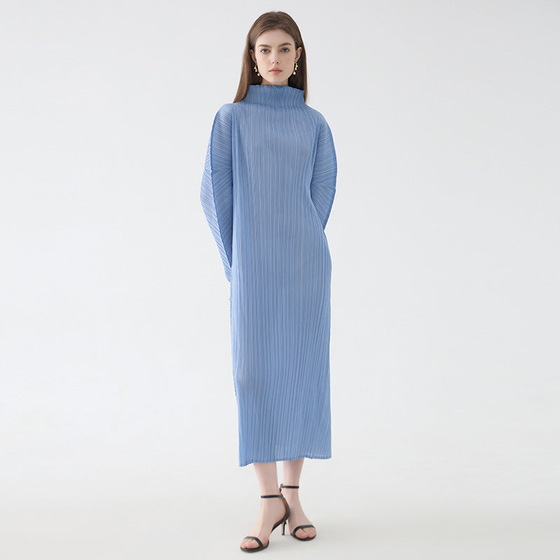 2025 spring temperament turtleneck folding sleeves solid color dress women's medium and long simple loose pleated A-shaped skirt