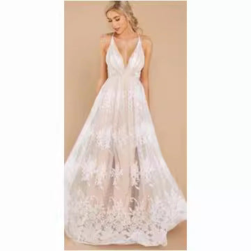 jinran dress to impress New Strap Deep V Sexy Mesh Embroidered Dress One-Piece Dress