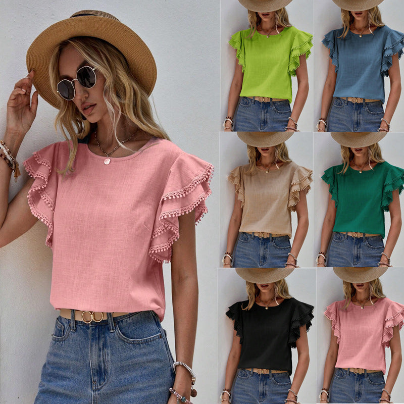 2025 Women's Casual Crew Neck Summer Loose Shirt Lotus Leaf Batman Short Sleeve Top Women