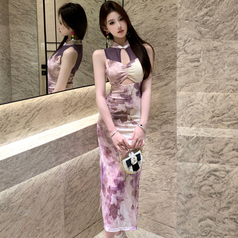 2025 Hollow backless printed evening dress women's summer dress new Chinese cheongsam thin retro style dance dress