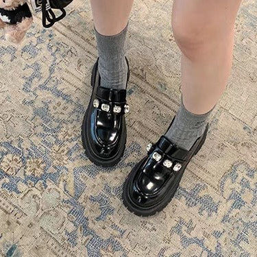 2025 Cowhide version~ Su Yinyin's same thick-soled gemstone rhinestone one-pedal lazy loafer single shoes women's casual small leather shoes