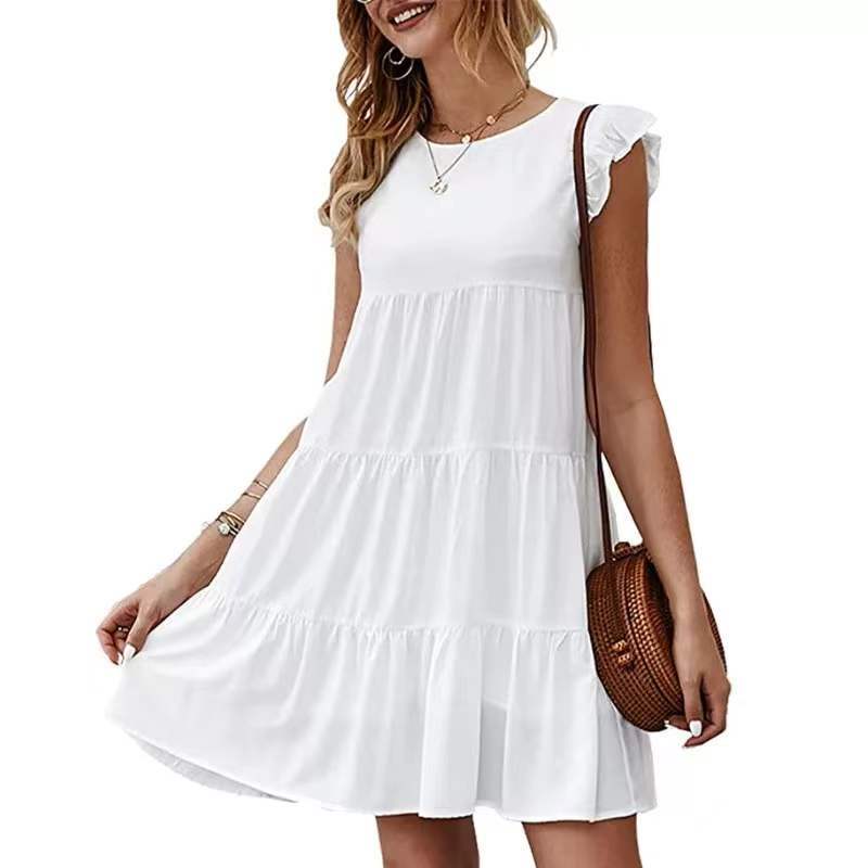 2025 Popular, , summer new solid color round neck short-sleeved dress casual cake skirt pleated pendulum skirt