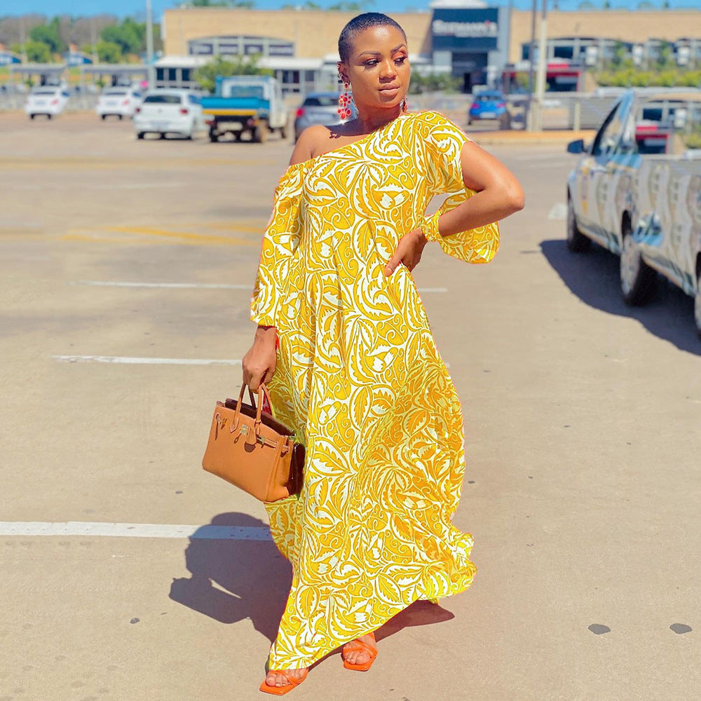 2025 New summer new 2025 women's clothing printed dress slanted shoulder medium sleeve loose sexy long dress dress