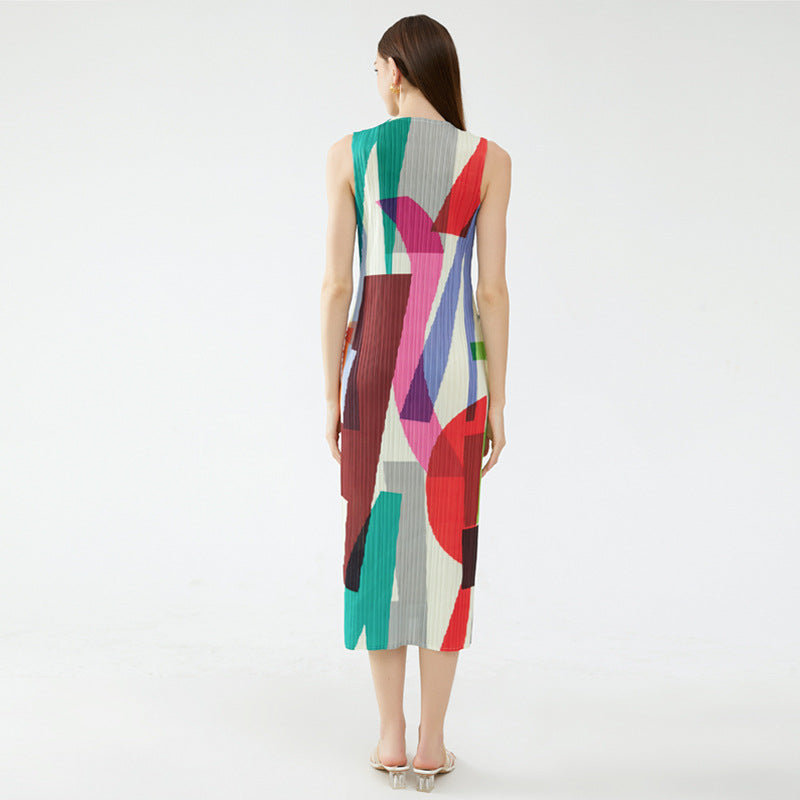 2025 summer new geometric printing and dyeing sleeveless slim dress women's long simple versatile and thin a-shaped skirt