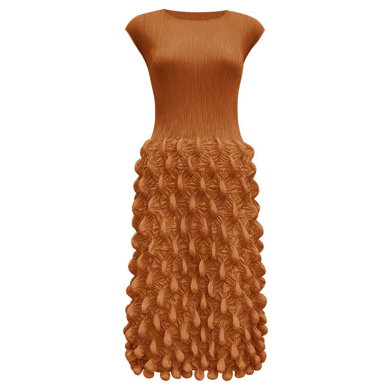 2025 summer new spot bubble pleated long dress slim pleated women's clothing solid color niche handmade sleeveless dress