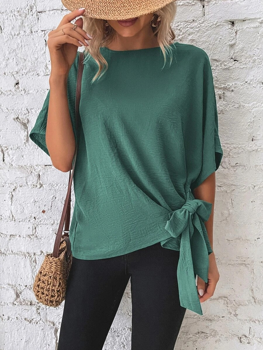 2025 Popular, , New women's clothing summer new solid color bat wing sleeves hem knotted loose t-top