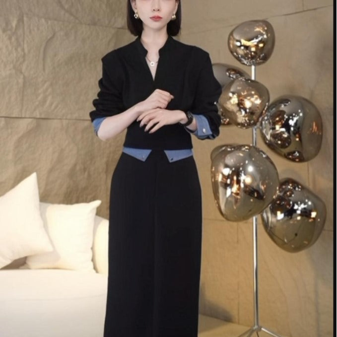 High-end fashion sports sweater set women's autumn Popularan casual long-sleeved splicing top skirt two-piece set