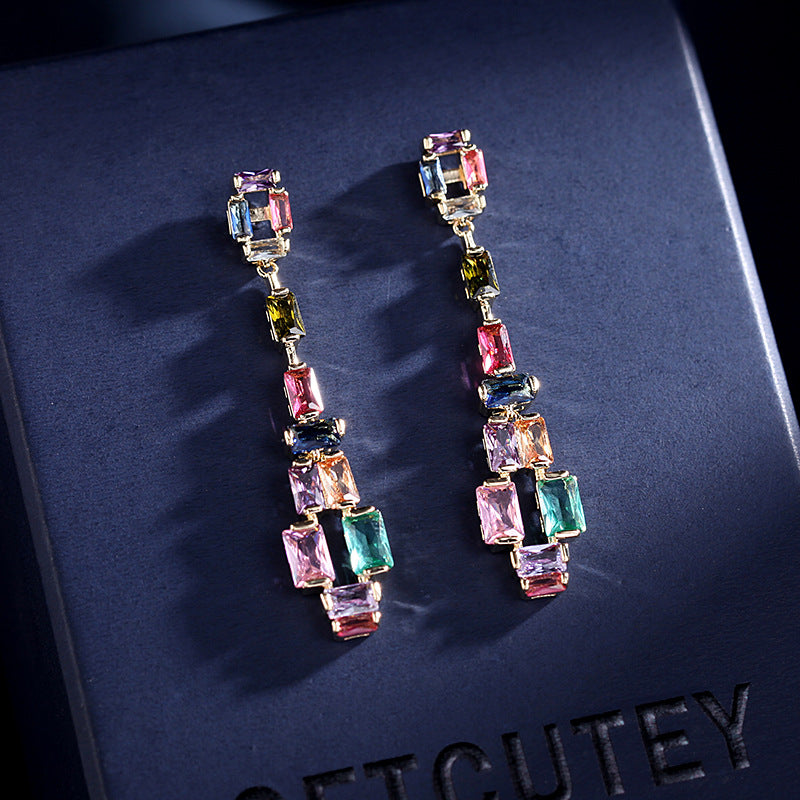 2025 Korean design sense contrasting gemstone crystal long S925 silver needle earrings women's micro-inlaid colored zircon geometric earrings