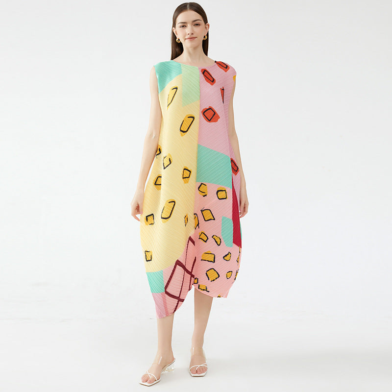 2025 summer new elegant style women's clothing pullover sleeveless round neck printing and dyeing pleated umbrella dress women