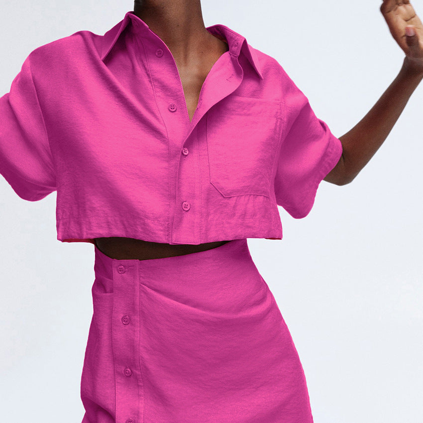 2025 popular summer new shirt skirt short skirt hip skirt short dress rose red short sleeve fashion women's clothing