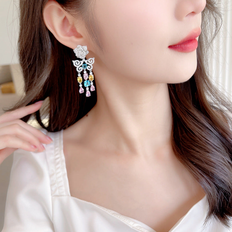 2025 Light luxury high-end dress banquet bride earrings camellia hollow butterfly pattern zircon water drop fringed earrings