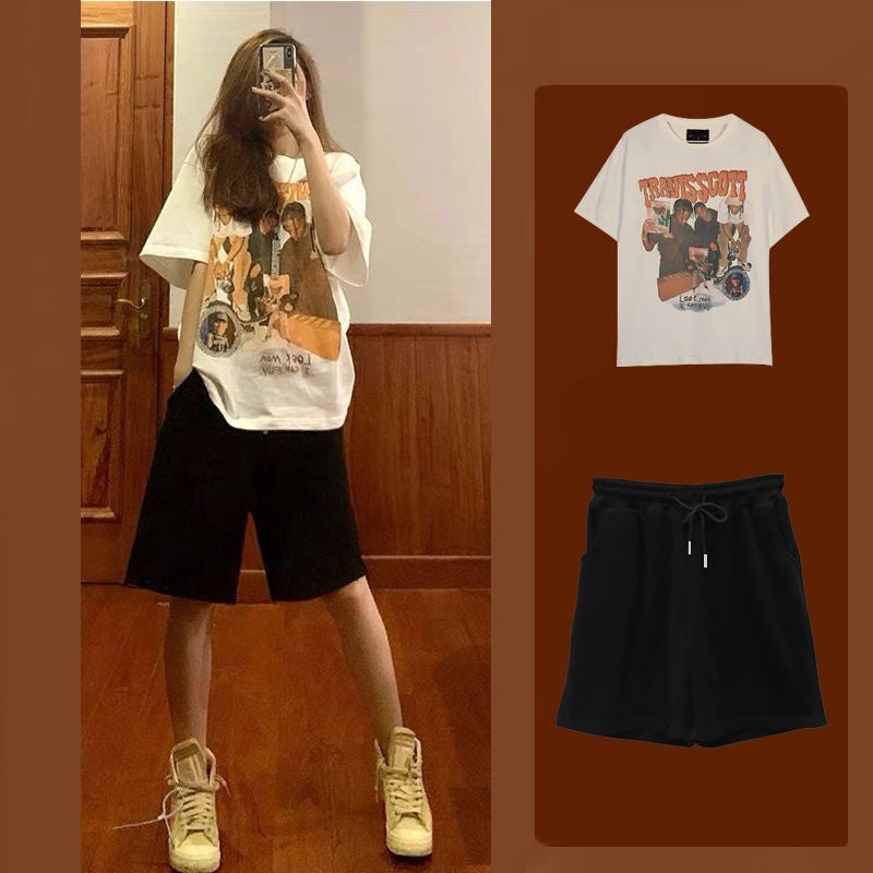 jinran skirt outfits Summer 2024 Student Leisure Sports Women's Suit New Online Popular Street Fashion Short Sleeve Shorts Two-Piece Set