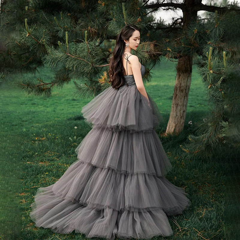 Main Wedding Studio Couple Theme Photography Clothing Color Dress Mori Grey Elegant Wedding Dress Long Trailing Suspender Dress