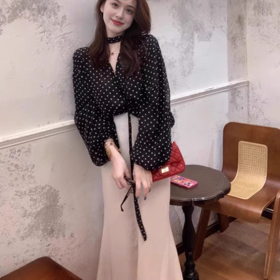 temperament black polka dot neck collar shirt women's spring and autumn niche design sense loose front shoulder low neck top