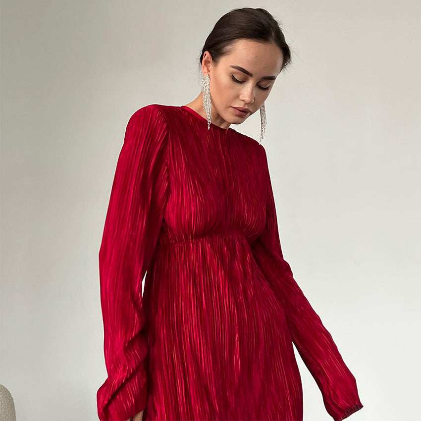 2025 spring long dress round neck hollow sexy temperament dress backless slim long sleeve pleated dress women