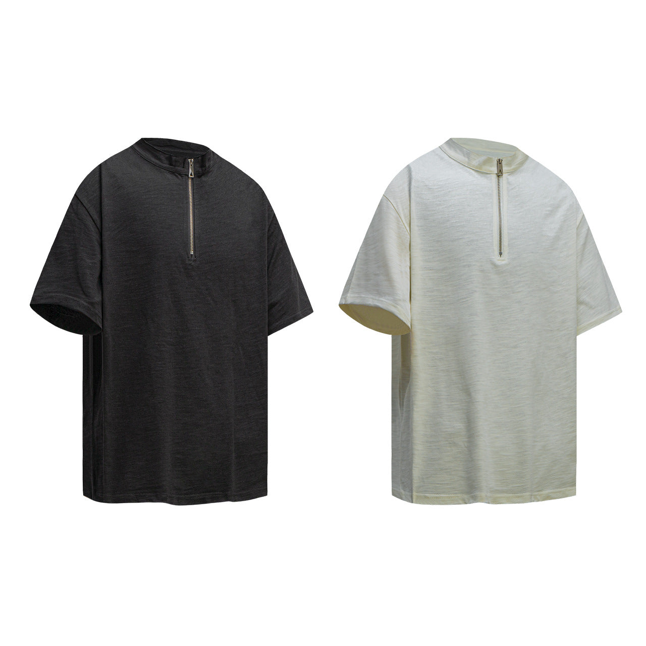 2025 6100 2025n Street 2025 Summer Solid Color Zipper Design Men's Loose Premium Sense Bamboo Cotton Short Sleeve T-Shirt