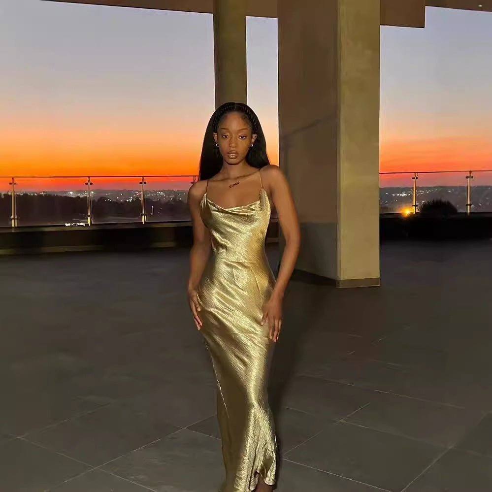 jinran party dresses 2024 Summer Masson Popular Elegant Backless Strap Fishtail Golden Dress Dress Sexy Slimming
