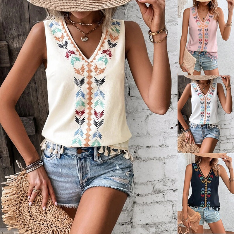 2025 Popular, , New women's clothing, summer ethnic style V-neck embroidered splicing hem beard vest top