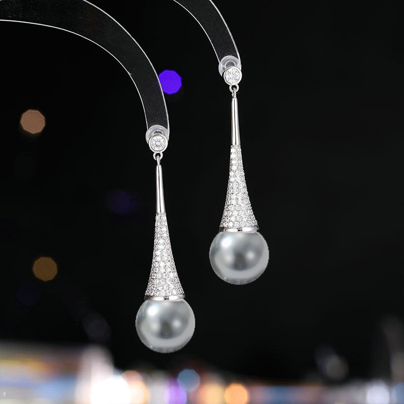2025 new high-end temperament earrings, exquisite niche unique design inlaid zircon pearl long earrings