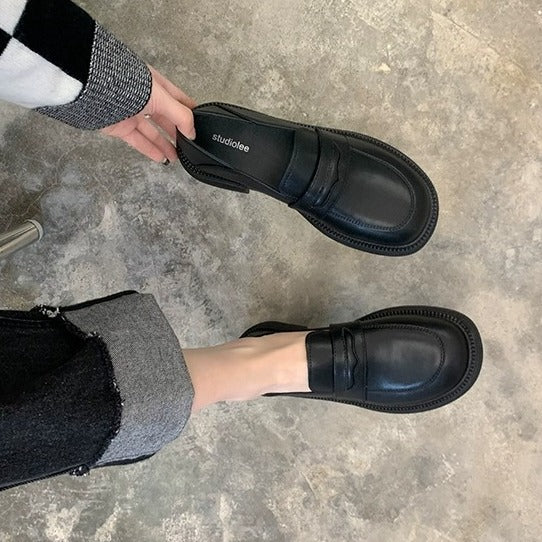 2025 Cowhide version~ Autumn and winter British style versatile and comfortable large size platform small leather shoes thick heel British style loafers women's shoes