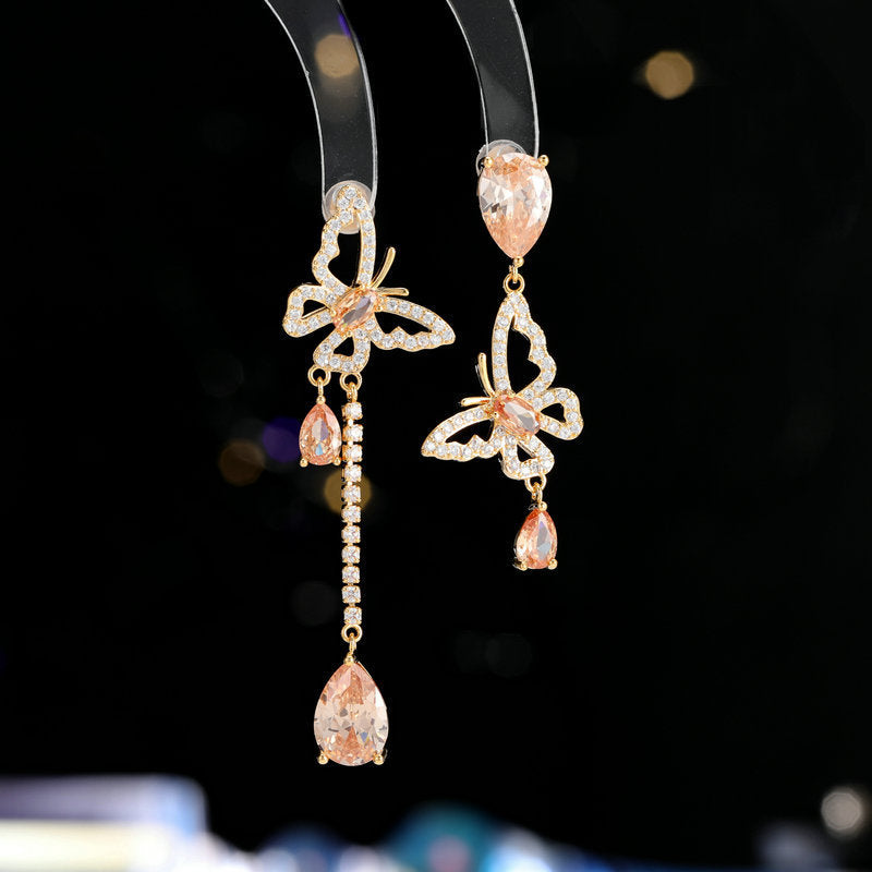2025 New fashion asymmetrical butterfly water drop stud earrings s925 silver needle design zircon light luxury temperament high-end earrings
