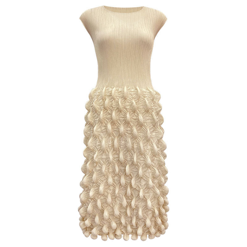 2025 summer new spot bubble pleated long dress slim pleated women's clothing solid color niche handmade sleeveless dress