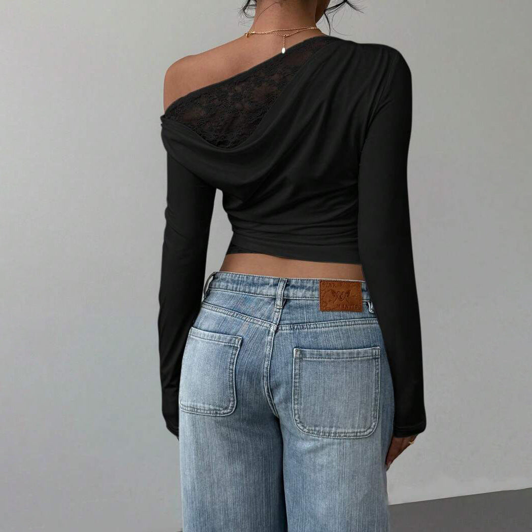 2025 Trendy brand New fashion slanted shoulder lace splicing fake two-piece knitted sweater for women new waist knitted top for women