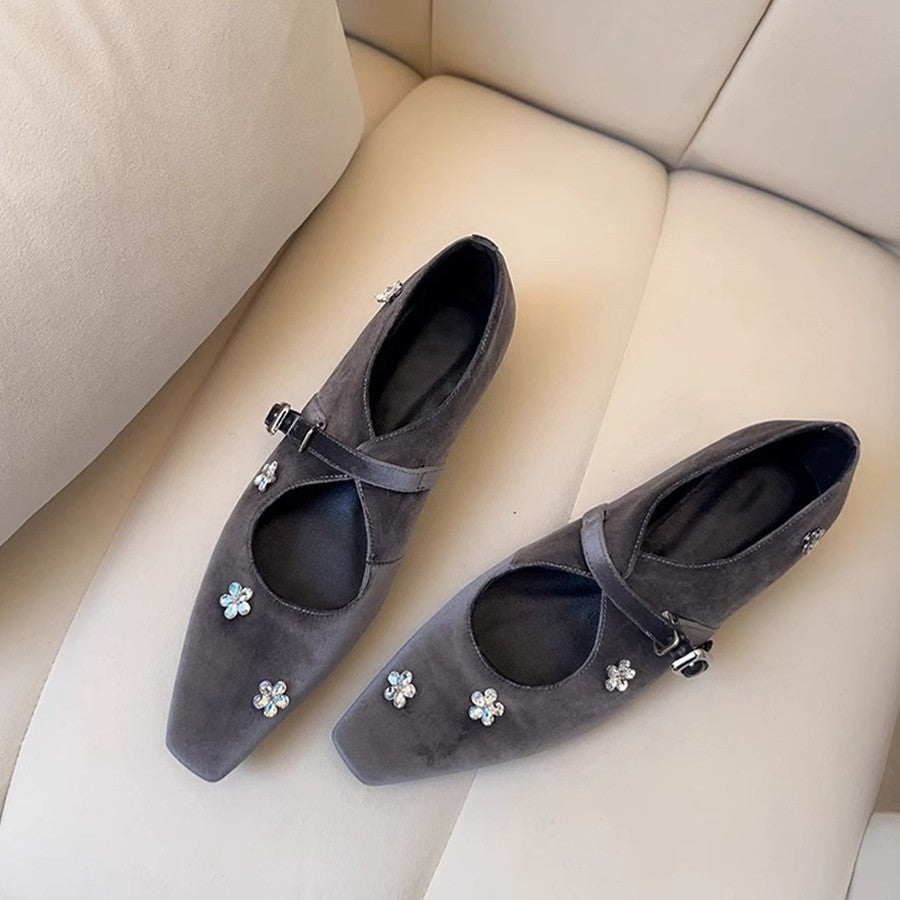 2025 Spot sheepskin version~ rhinestone flower inner height increase single shoes with temperament square head silver Mary Jane shoes
