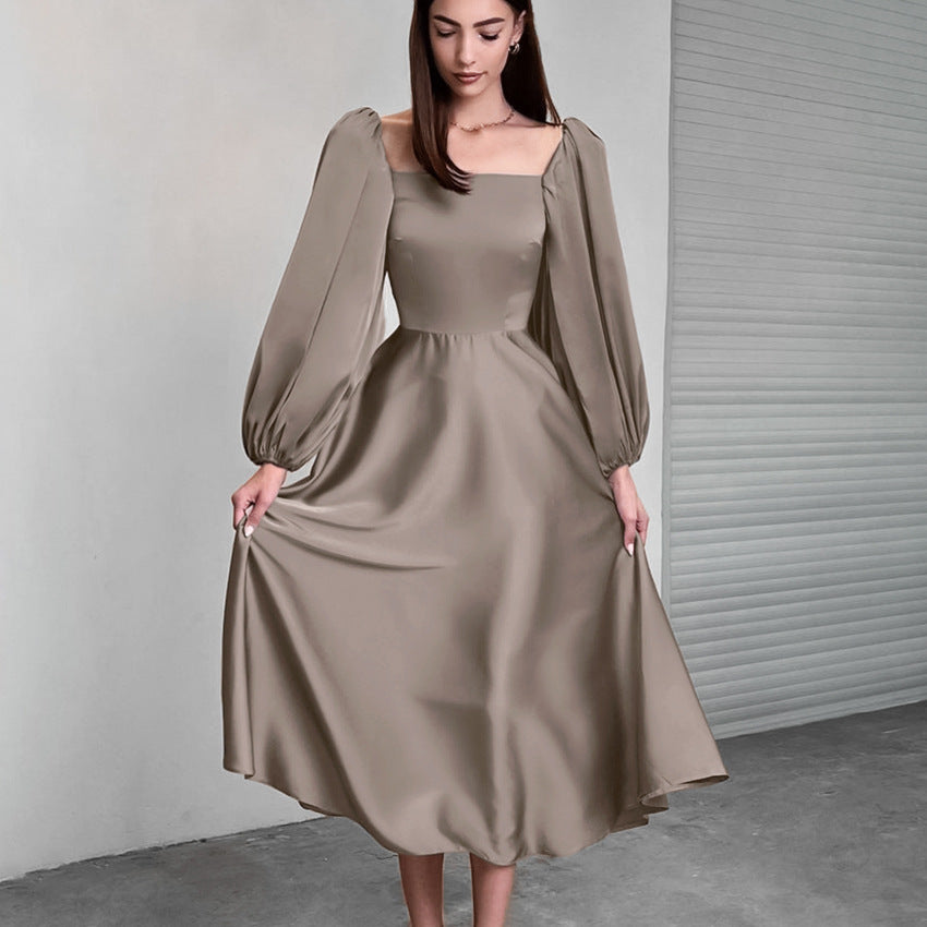 2025 Spring New sexy temperament party evening dress fashionable satin satin square neck bubble sleeve dress