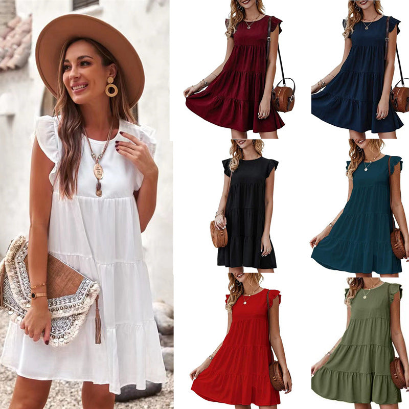 2025 Popular, , summer new solid color round neck short-sleeved dress casual cake skirt pleated pendulum skirt